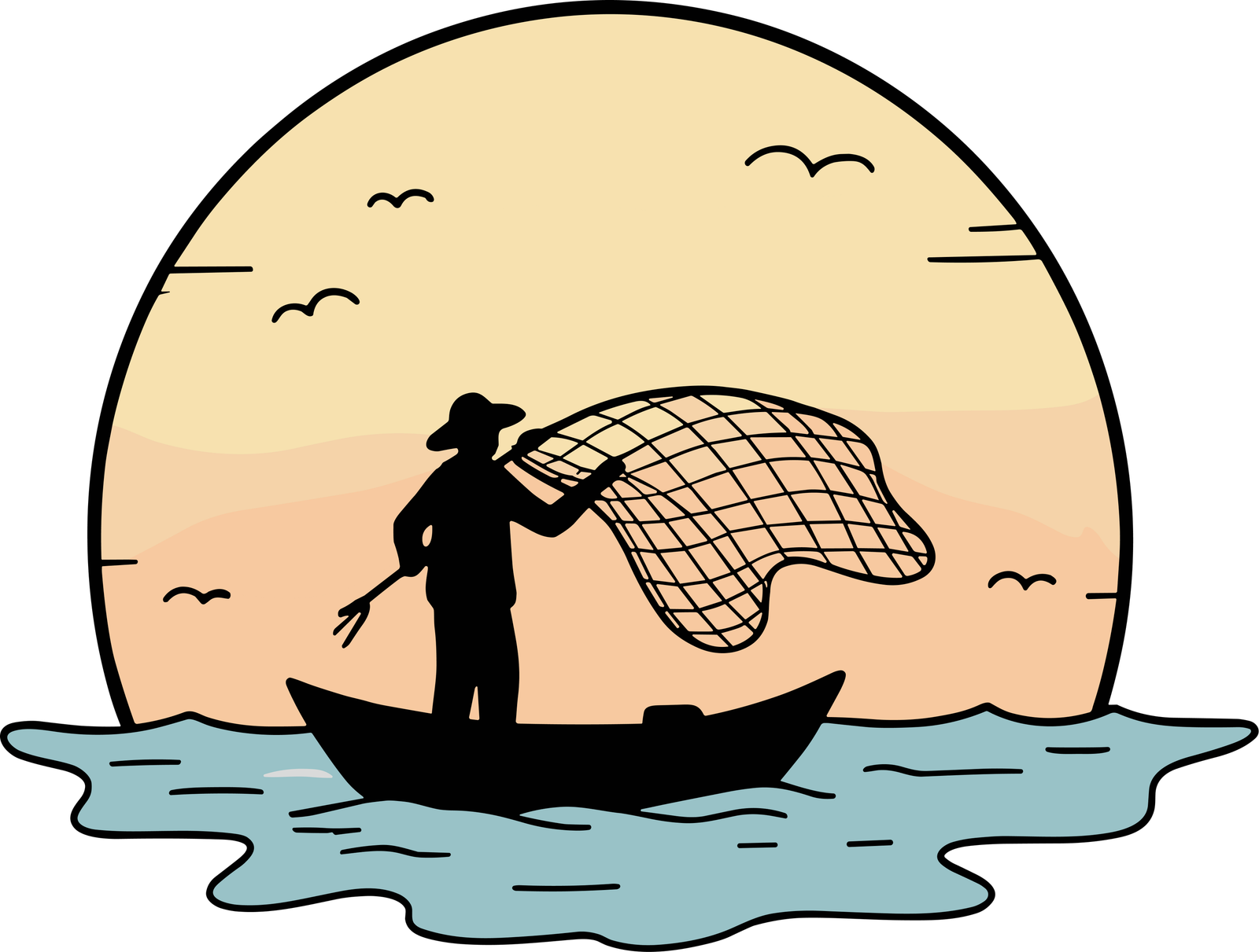 Fisherman casting a net from a boat at sea